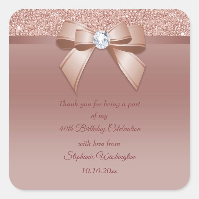 Sparkles & Glamour, Rose Gold Birthday Party Square Sticker (Front)