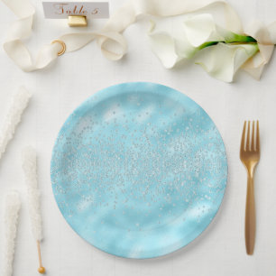  Sparkles Jewels Bling Crystals Chic Pastel Blue Paper Plate