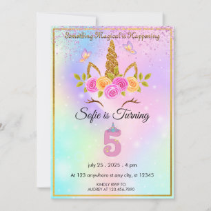 Sparkles Magical Unicorn 5th Birthday invitation