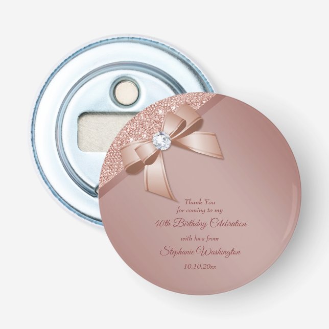 Sparkles & Rose Gold Glamour Birthday Party Bottle Opener (Front)