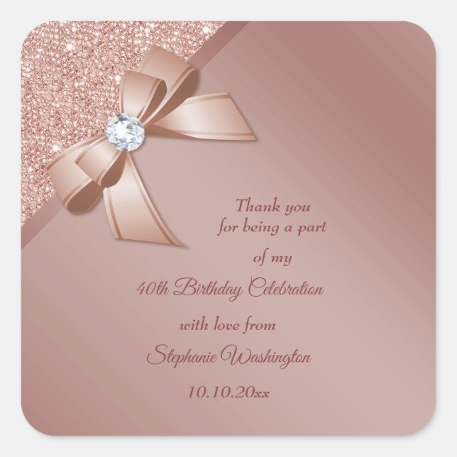 Sparkles & Rose Gold Glamour Birthday Party Square Sticker (Front)