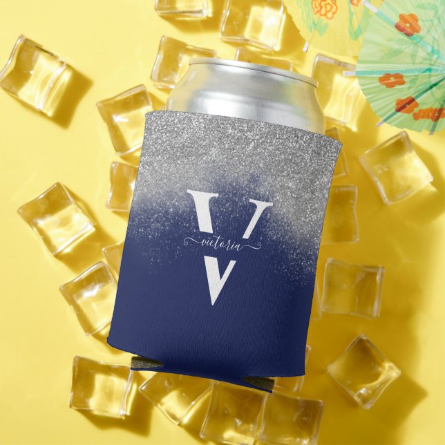 Sparkles Silver Glitter Monogram Blue Personalised Can Cooler (In Situ Summer)