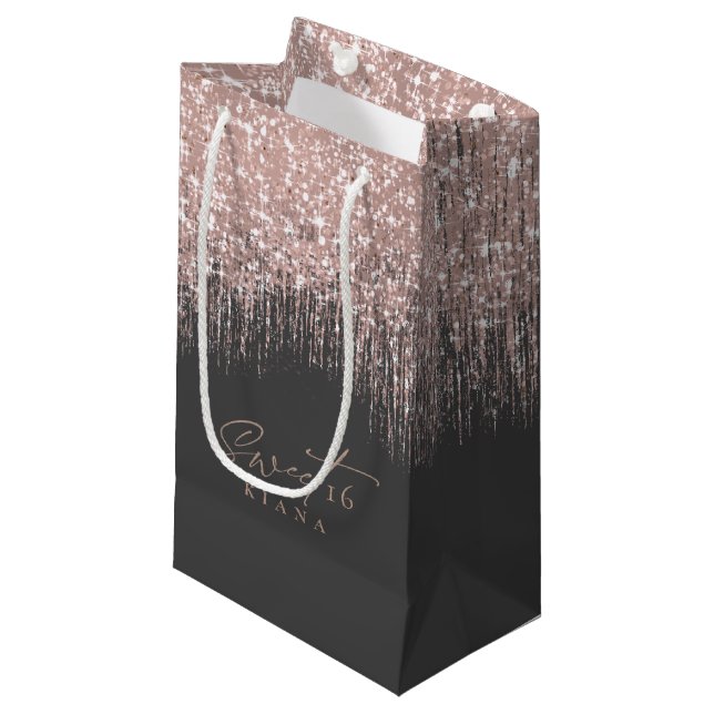 Sparkles Sweet Sixteen Rose Gold/Blk ID912 Small Gift Bag (Front Angled)
