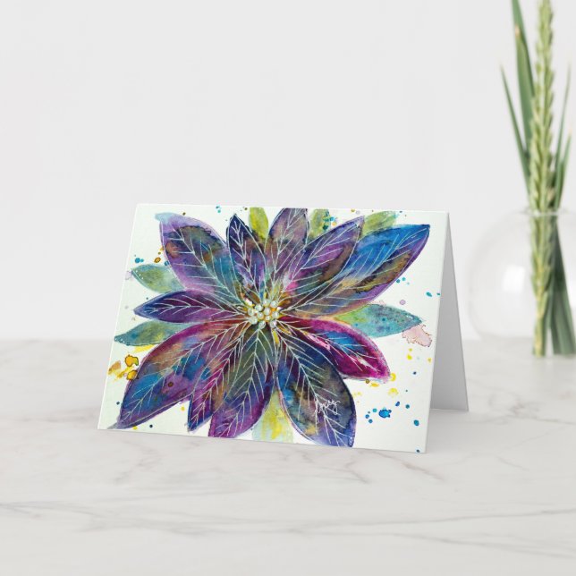 Sparklesettia Watercolor Poinsettia Greeting Card (Front)