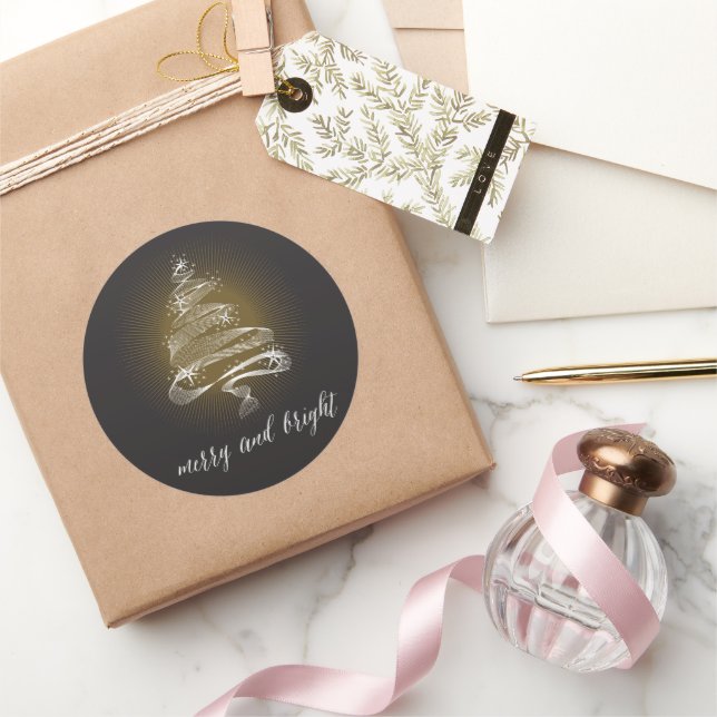Sparkling Abstract Christmas Tree Gold Holiday Classic Round Sticker (Gifting)