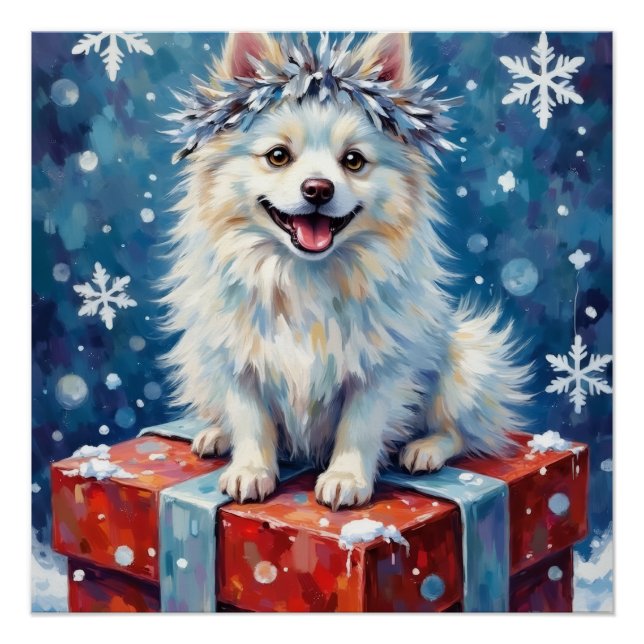 Sparkling American Eskimo Dog Festive Gift Cushion Poster (Front)