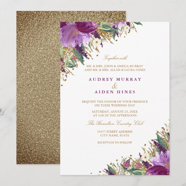 Sparkling Amethyst Purple Floral Wedding Invitation (Front/Back)