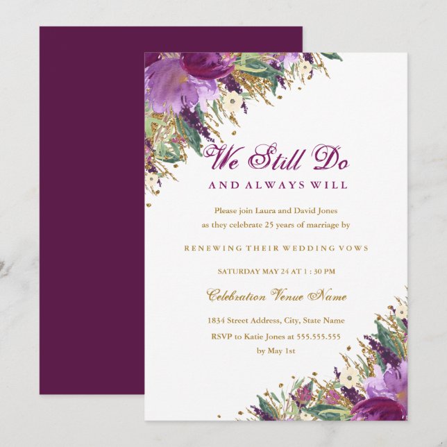 Sparkling Amethyst Purple Vow Renewal Anniversary Invitation (Front/Back)