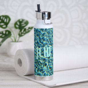 Sparkling Aqua Blue Turquoise with Initials Water Bottle