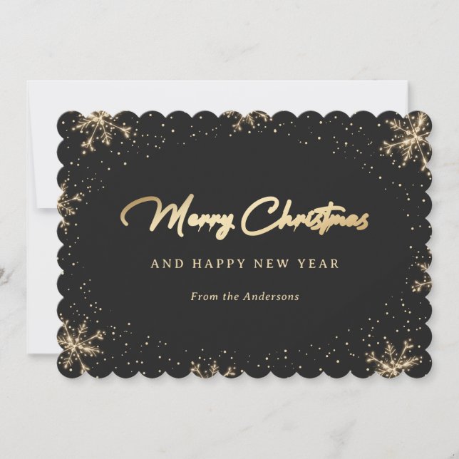 Sparkling Black and Gold Snowflake Snowy Holiday Card (Front)