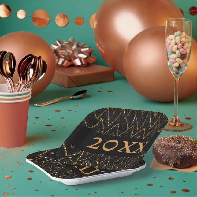 Sparkling Black & Chevron | Custom Gold New Year Paper Plate (Multi)