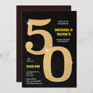  Sparkling Black & Gold 50th Golden Anniversary Invitation