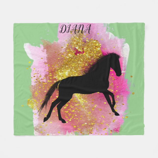 SPARKLING BLACK HORSE PERSONALIZED BLANKET (Front (Horizontal))