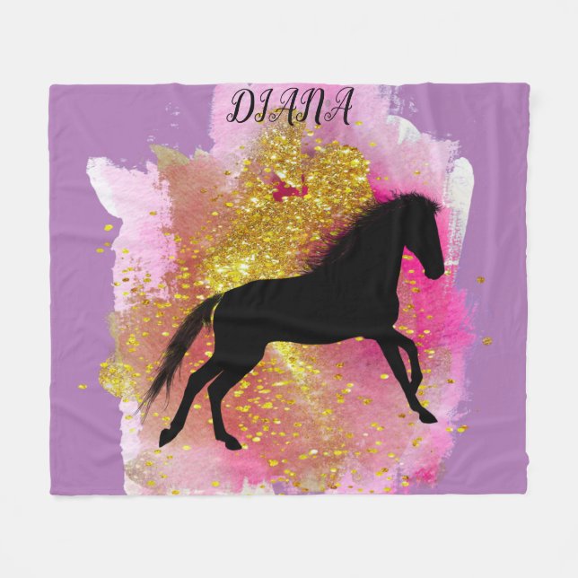 SPARKLING BLACK HORSE PERSONALIZED BLANKET (Front (Horizontal))