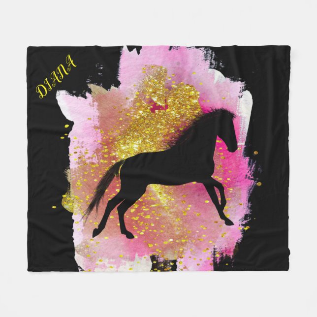 SPARKLING BLACK HORSE PERSONALIZED BLANKET (Front (Horizontal))