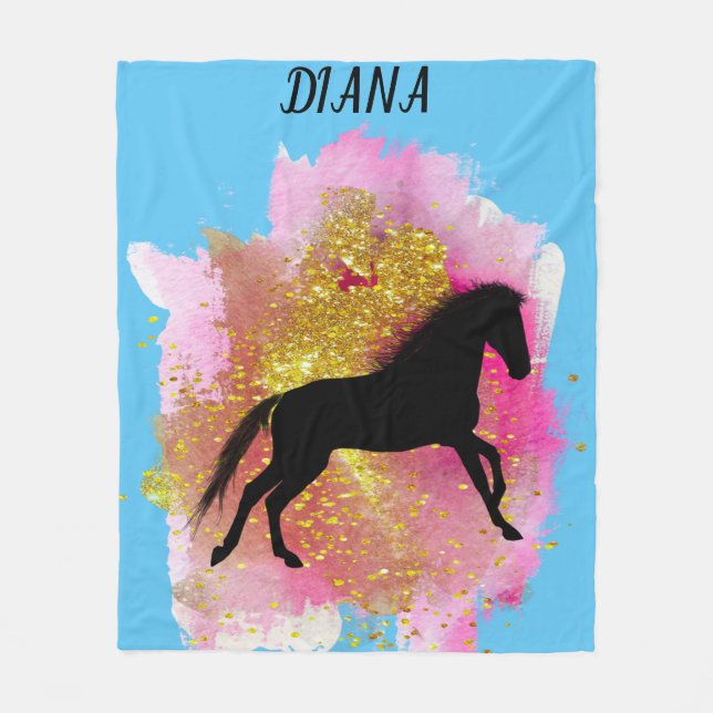 SPARKLING BLACK HORSE PERSONALIZED BLANKET. FLEECE (Front)