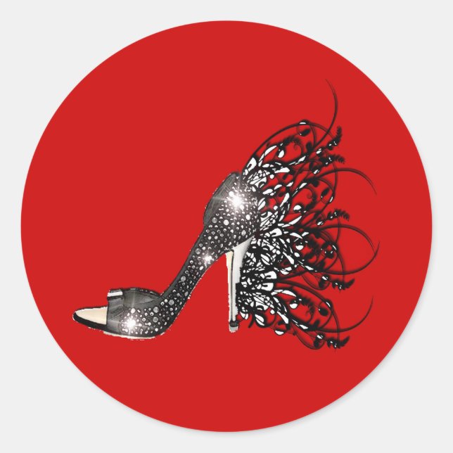 Sparkling Black Stiletto on Red Classic Round Sticker (Front)