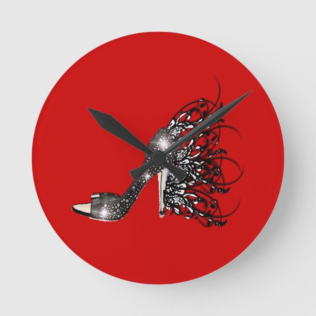 Sparkling Black Stiletto on Red Round Clock (Front)