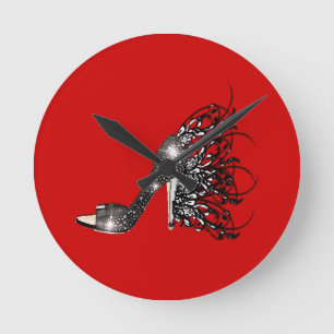 Sparkling Black Stiletto on Red Round Clock