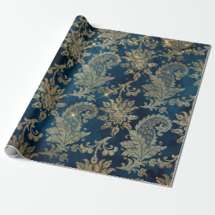 Sparkling Blue and Gold Vintage Damask Wrapping Paper