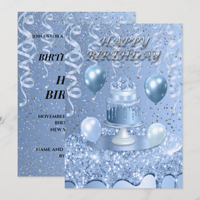 Sparkling Blue Birthday Cake Invitation (Front/Back)