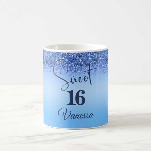 Sparkling Blue Faux Glitter Sweet 16 Coffee Mug (Center)