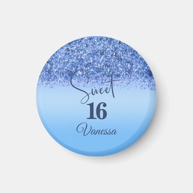 Sparkling Blue Faux Glitter Sweet 16 Party Magnet (Front)