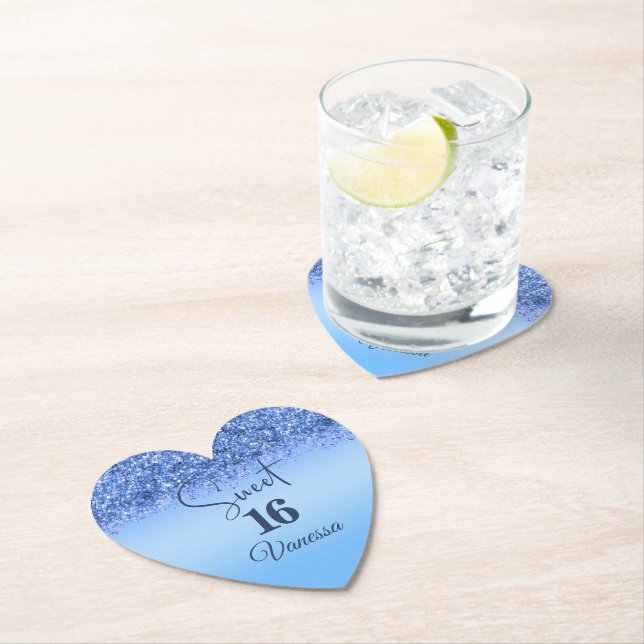 Sparkling Blue Faux Glitter Sweet 16 Party  Paper Coaster (Insitu)