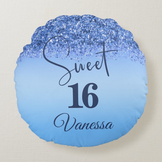 Sparkling Blue Faux Glitter Sweet 16 Round Pillow  (Front)
