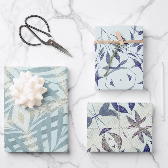Sparkling blue foliage pattern wrapping paper sheet (Front)
