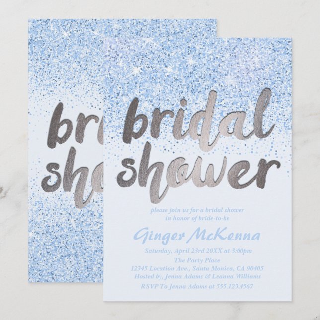 Sparkling blue Glitter Bridal Shower Invitations (Front/Back)