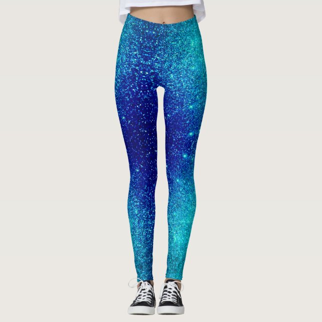 Sparkling Blue Glittery Ombre Teal Ombre Colours Leggings (Front)
