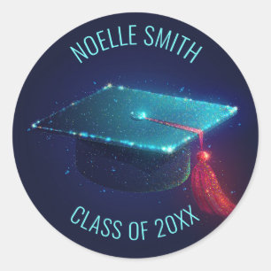Sparkling Blue Graduation Cap, Class of 20XX Classic Round Sticker