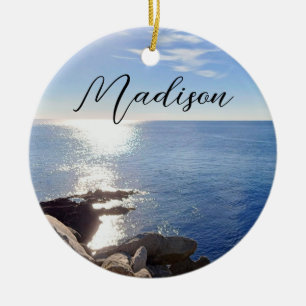 Sparkling Blue Ocean Custom Name Ceramic Tree Decoration
