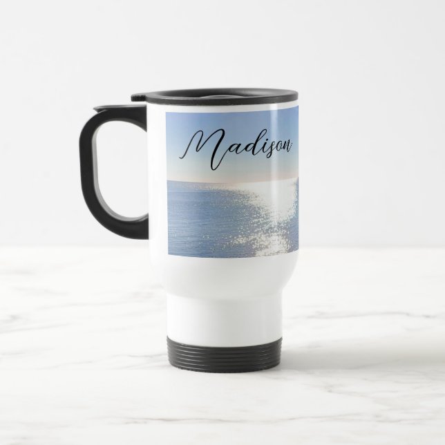 Sparkling Blue Ocean Custom Name Travel Mug (Left)