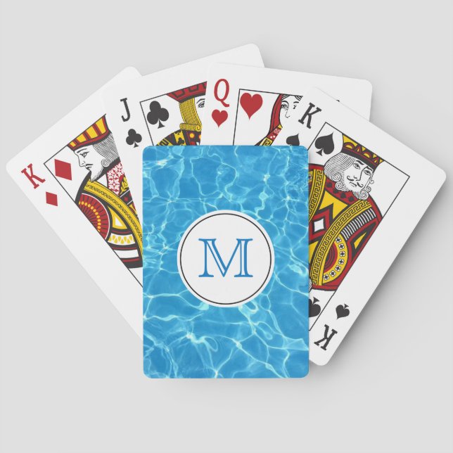 Sparkling Blue Swimming Pool Water Monogram Playing Cards (Back)