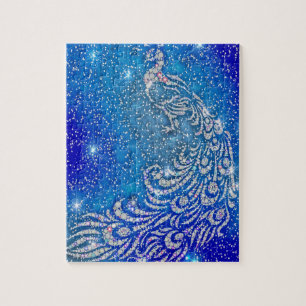 Sparkling Blue & White Peacock Jigsaw Puzzle