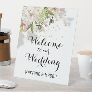 Sparkling Blush And White Welcome To Our Wedding Pedestal Sign