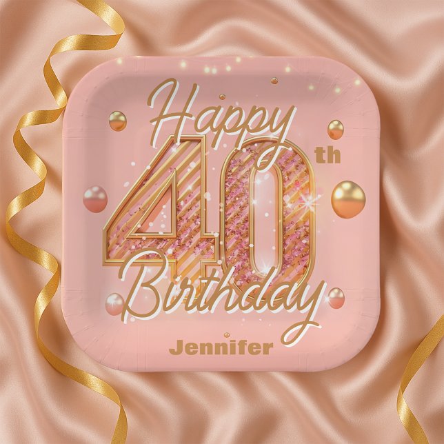 Sparkling Blush Pink and Gold 40th Birthday Paper Plate (Creator Uploaded)
