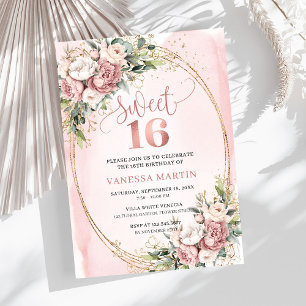 Sparkling Blush Pink Flowers Eucalyptus 16th Bday Invitation