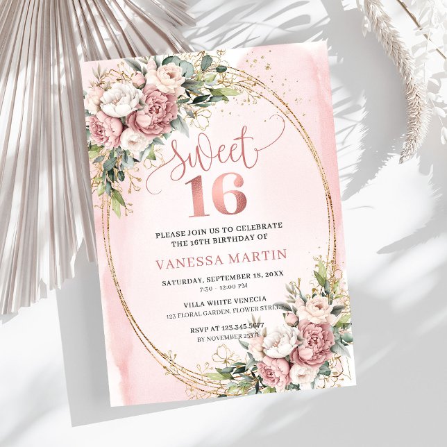 Sparkling Blush Pink Flowers Eucalyptus 16th Bday Invitation (Sparkling Blush Pink Flowers Eucalyptus 16th Birthday Invite

)