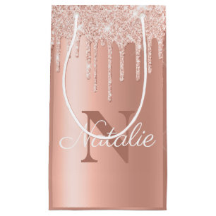 Sparkling Blush Pink Gold Glitter Monogrammed Small Gift Bag