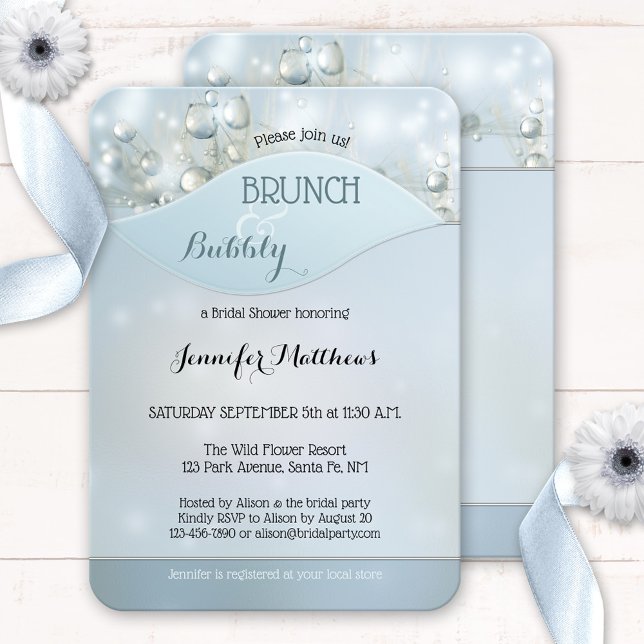 Sparkling Bubbly Brunch Bridal Shower Invitation (Bubbles and brunch bridal shower invitation featuring dandelions and light sparkles on dusty blue)
