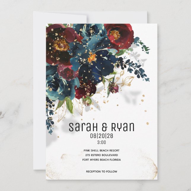 Sparkling Burgundy Navy Wedding Invitation (Front)