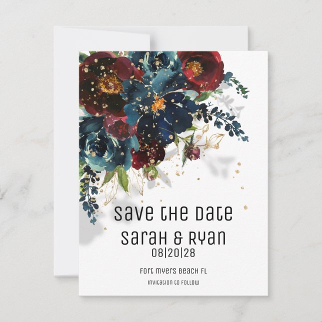 Sparkling Burgundy Navy Wedding Save The Date Announcement (Front)