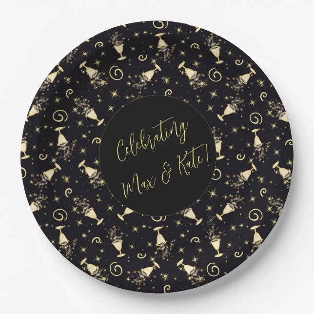 Sparkling Celebration Gold & Black Customisable  Paper Plate (Front)