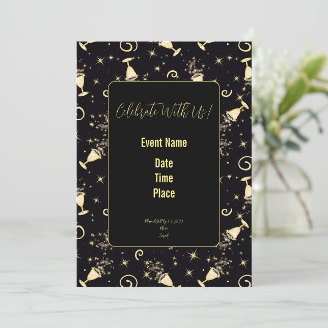 Sparkling Celebration - Libations in Gold & Black Invitation (Standing Front)