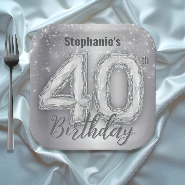 Sparkling Chic Silver G|am Gemstone 40th Birthday Paper Plate (Creator Uploaded)