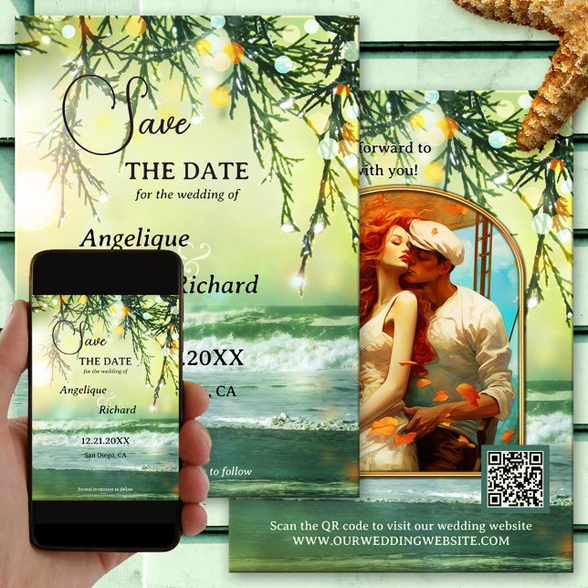 Sparkling Christmas Beach Photo Save the Date Card (Christmas Wedding Save the Date Card featuring a teal green beach with sparkling lights on pine twig)