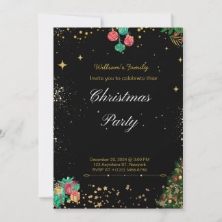 Sparkling Christmas Party Black And Gold Invitation